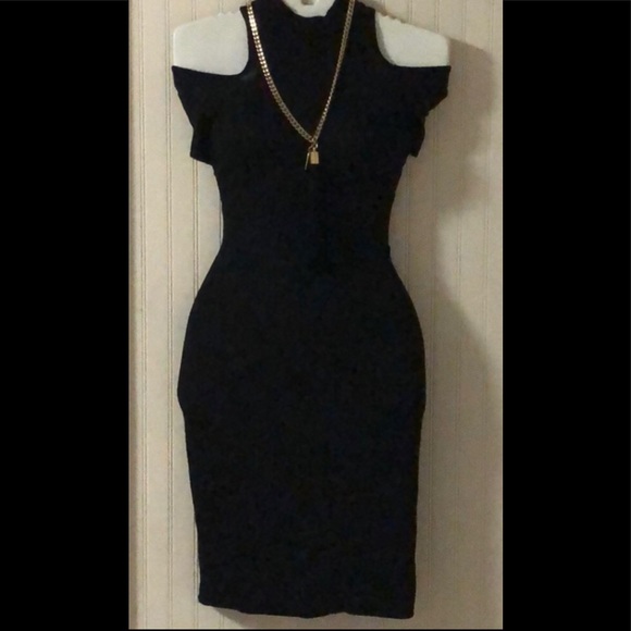 Black High Neck Ribbed Cold Shoulder MIDI Pencil Dress~S - Picture 2 of 9